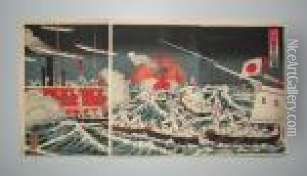 Scene De La Guerre Sino-japonaise Oil Painting - Watanabe Nobukazu