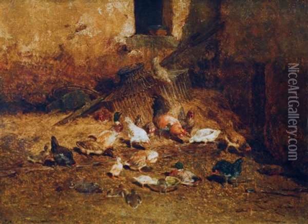 Chicken And Ducks In The Hay Oil Painting - Philibert-Leon Couturier