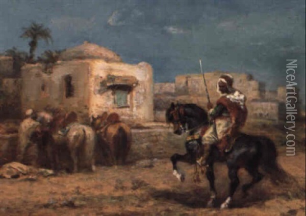 An Arab Horseman Approaching A Village Oil Painting - Adolf Schreyer