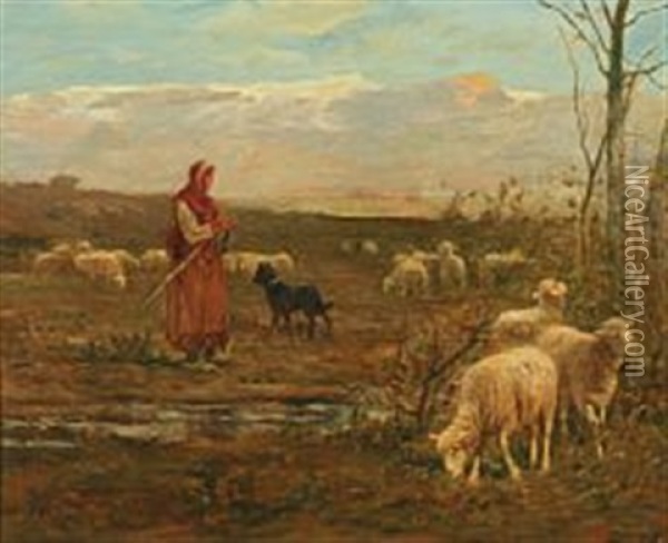 A Shepherd And Her Dog Monitor The Sheep Oil Painting - Albert Charpin