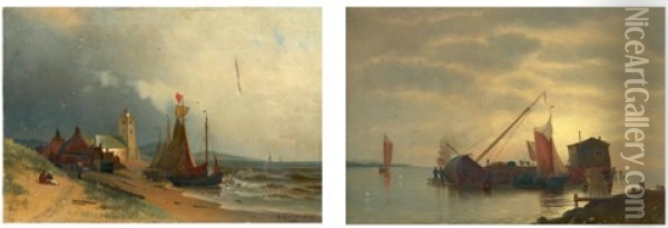 Bateaux Sur La Plage Pres D'un Hameau Et Calfatage D'un Navire (pair) Oil Painting - Alexandre Ferdinand Kreutzer