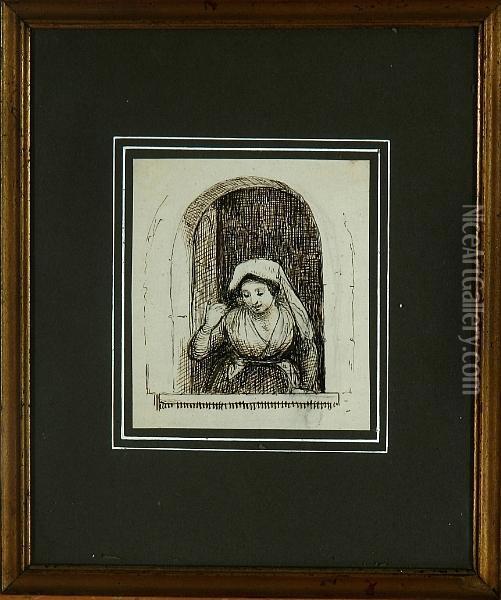 A Venetian Woman By The Window. 
Unsigned. Inscribed Verso W. Marstrand. Drawing Ink On Paper. Sheet Size
 12 X 10 Cm Oil Painting - Wilhelm Marstrand