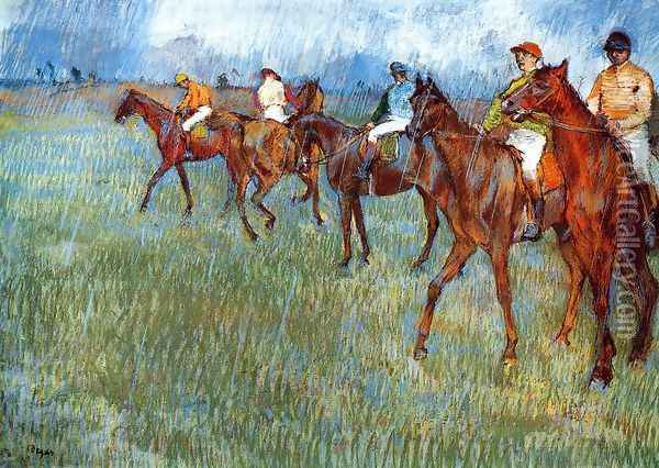 Jockeys in the Rain, c.1886 Oil Painting - Edgar Degas