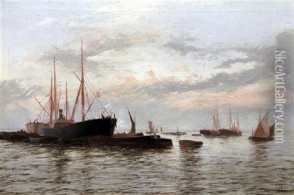 Shipping At Anchor On A Calm Sea Oil Painting - Edward Henry Eugene Fletcher