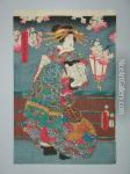 Une Jeune Femme Debout En Kimono De Fete Oil Painting - Kunisada