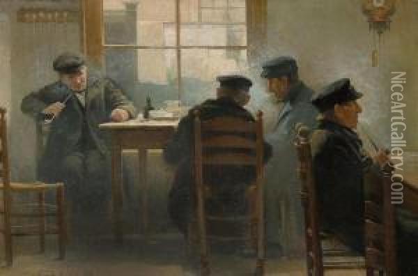 Tavern Interior With Men Smoking Pipes Oil Painting - Florimond Van Acker