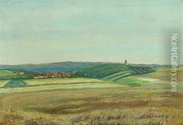 Landscape With View Over A City, In The Background A Church Oil Painting - Georg Nicolaj Achen