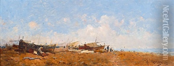 Pescadores En La Playa Oil Painting - Andres Larraga Montaner