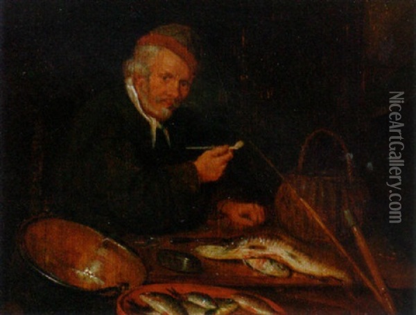 A Fishmonger Smoking A Pipe At A Fishstall Oil Painting - Quiringh Gerritsz van Brekelenkam