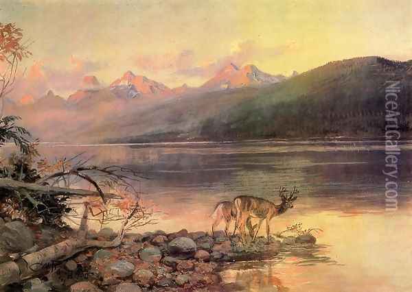 Deer at Lake McDonald Oil Painting - Charles Marion Russell
