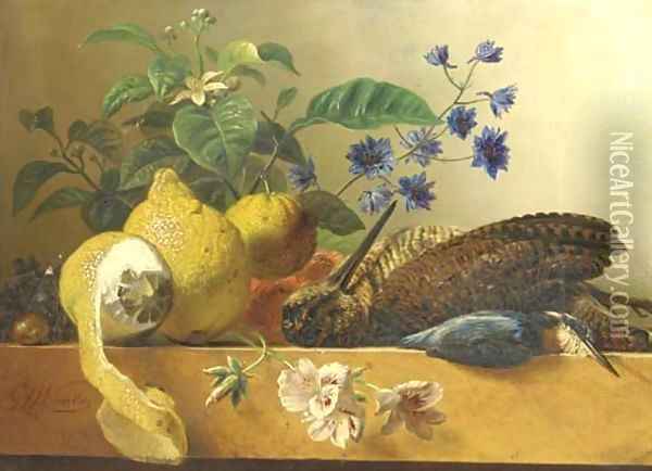 A snipe, a kingfisher, lemons and flowers on a ledge Oil Painting - George Jacobus Johannes Van Os