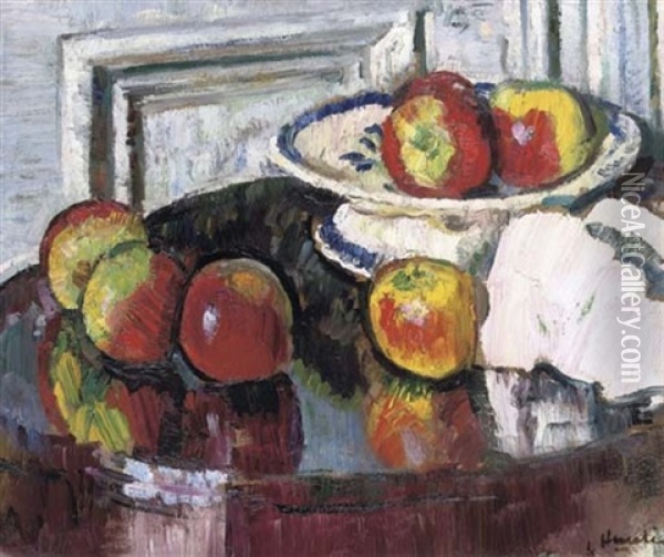 Still Life With Apples (+ Still Life With Fruit And Flowers, Verso) Oil Painting - George Leslie Hunter
