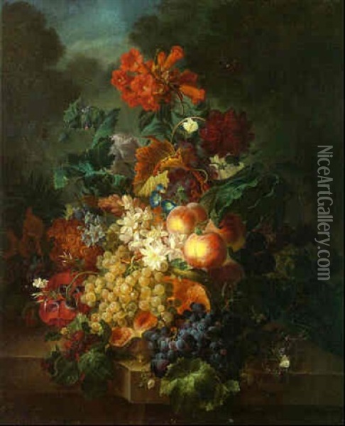 Flowers Together With Fruit On A Ledge With Butterflies Hovering And A Landscape Beyond Oil Painting - Moise Jacobber