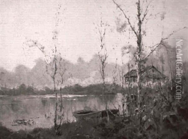 Beaver Lake With Boat And Cabin Oil Painting - Sydney Mortimer Laurence