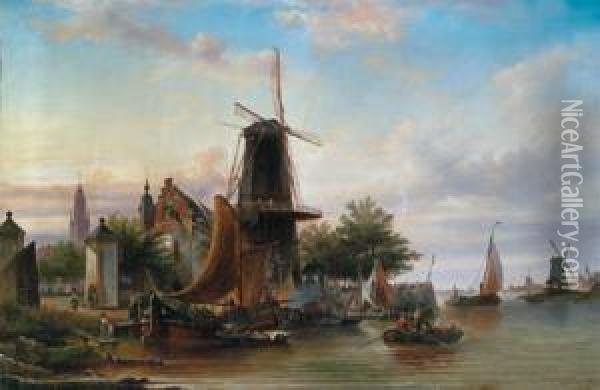 Stadtwal Und Windmuhle In Haarlem Oil Painting - Elias Pieter van Bommel