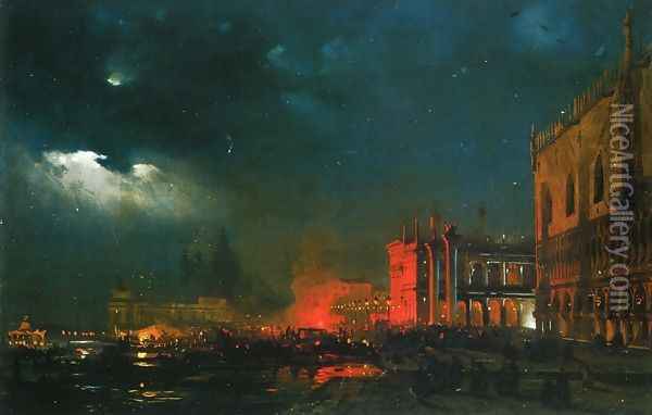 Night Festival on the Molo di San Marco upon the Feast Day of the Archduke Massimiliano d'Asborgo Oil Painting - Ippolito Caffi