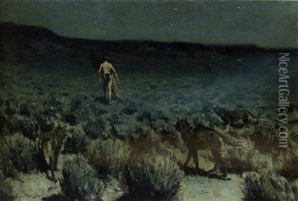 The Wolves Sniffed Along On The Trail, But Came No Nearer Oil Painting - Frederic Remington