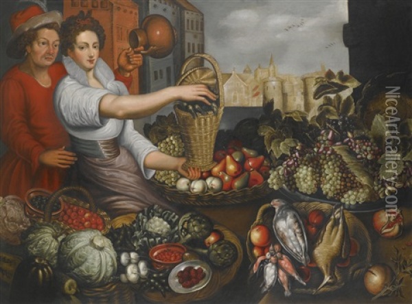 A Market Stall Of Fruit, Vegetables And Game, With A Man Holding A Jug And A Maid Holding A Basket Oil Painting - Joachim Beuckelaer