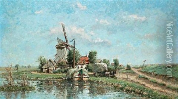 Landscape With Windmill And Haybarge Oil Painting - Franz Courtens