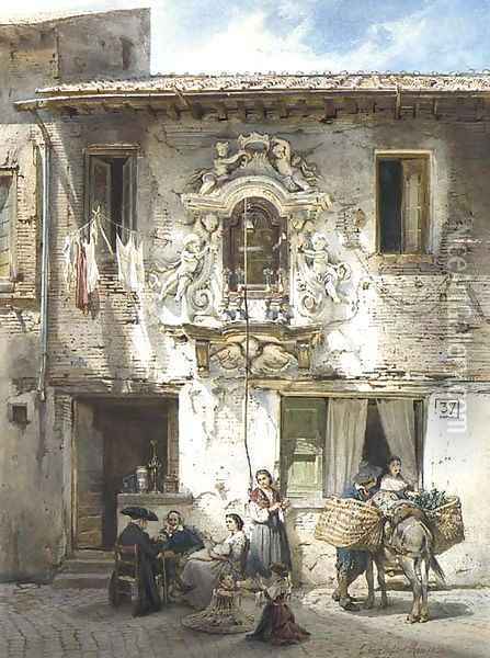 A Roman house with an edicola in a baroque surround Oil Painting - Ludwig Passini