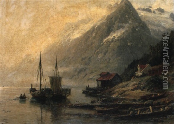 Fjord Landscape With Fishing Village Oil Painting - Anders Monsen Askevold