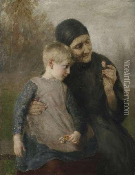 Peasant Woman With Granddaughter In Front Of A Landscape Oil Painting - Ernst Karl Georg Zimmermann