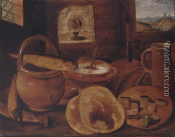 A Poor Man's Meal: A Loaf Of Bread, Porridge, Buns, And A Herring On A Wooden Table Oil Painting - Hieronymus Francken the Younger