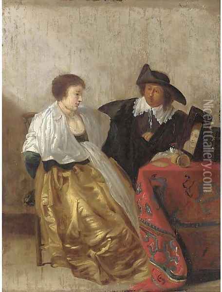 An elegant couple at a dressing table Oil Painting - Pieter Codde