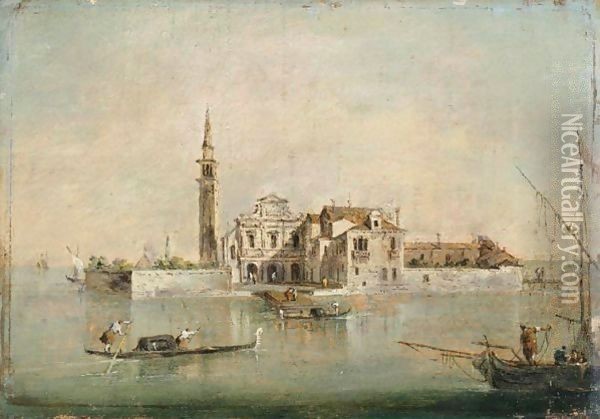 Capriccio With A Church And Tower, A Fishing Boat And Gondolas In The Foreground Oil Painting - Francesco Guardi
