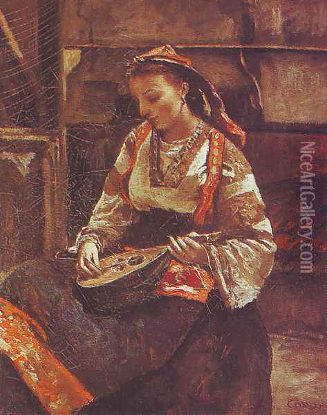 Italienne assise jouant de la mandoline Oil Painting - Jean-Baptiste-Camille Corot