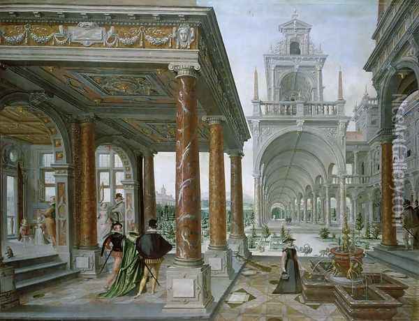 Cappricio of palace architecture with Figures Promenading, 1596 Oil Painting - Hans Vredeman de Vries