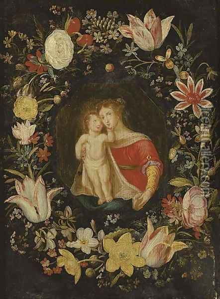 The Virgin and Child surrounded by a garland of flowers Oil Painting - Jan van Kessel
