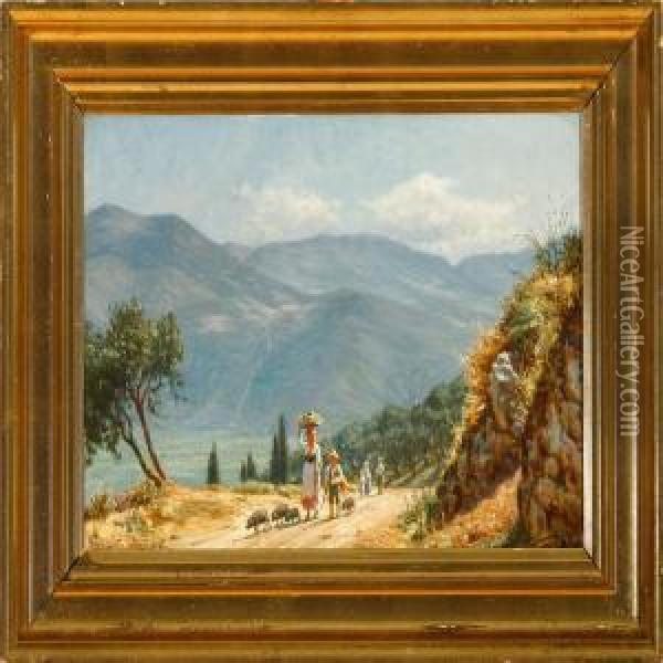 Italian Peasant Family In The Mountains Oil Painting - N. F. Schiottz-Jensen