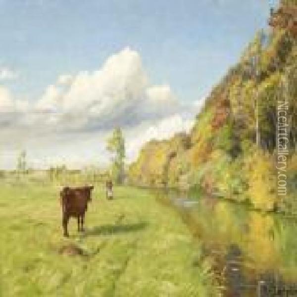 A Woman And A Cow Atthe Field Oil Painting - Hans Anderson Brendekilde