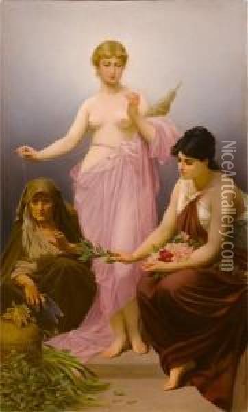 Three Fates, With Clotho In The Centre Holding The Thread Of Life, Atropos To Theleft And Lachesis With Flowers Gathered On Her Lap Oil Painting - Friedrich Paul Thumann