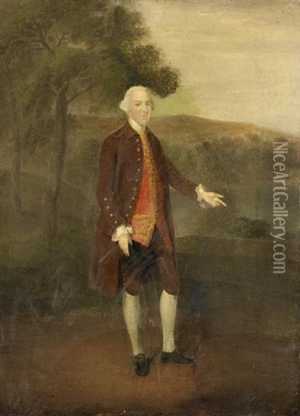 Portrait Of A Gentleman, In A Brown Coat With A Red Embroidered Waistcoat Oil Painting - Arthur Devis