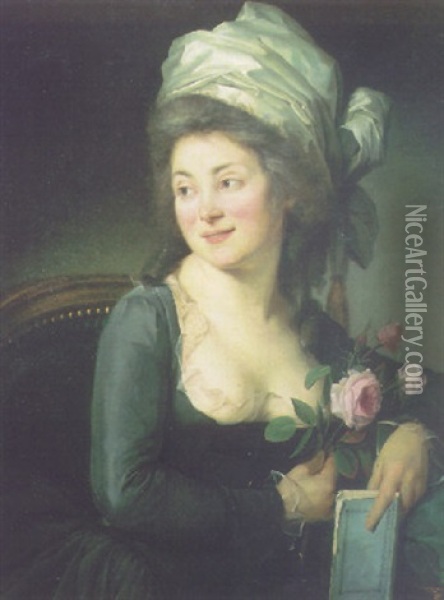 Portrait De Femme Au Livre Et A La Rose Oil Painting - Henri-Pierre Danloux