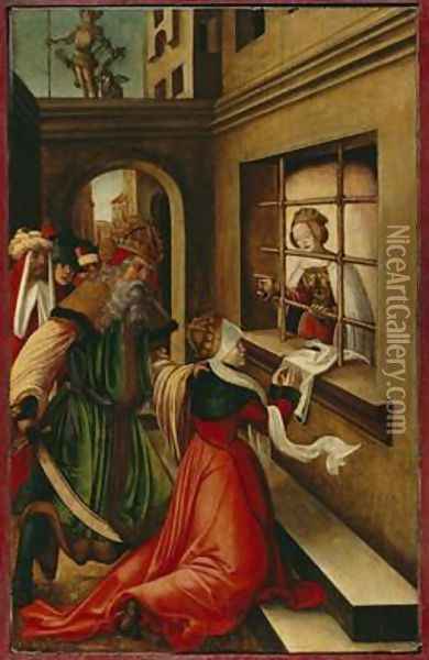 The Roman Empress Faustina Visiting St Catherine of Alexandria in Prison 1514 Oil Painting - H.G. Monogrammist