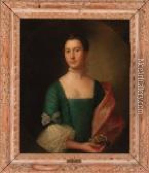 Portrait Of A Lady Traditionally
 Identified As Lady Jessiedumphries, Half-length, In A Blue Dress And 
Red Wrap, Wearing Apearl Choker And Hairpiece, Holding A Posey In Her 
Right Hand, In Afeigned Oval Oil Painting - Cosmo Alexander