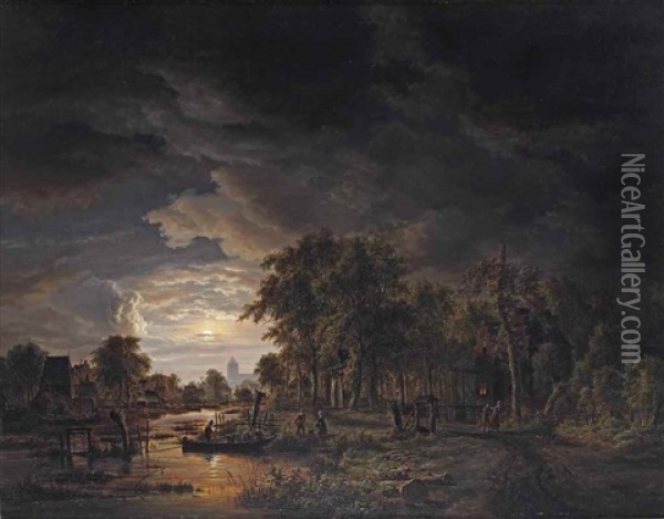 A Moonlit Village By A River Oil Painting - Jacobus Theodorus Abels