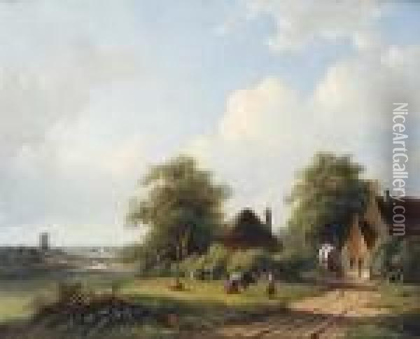 Weiteniederlandische Landschaft, Im Vordergrund Ein Gehoft Mit Melkendenbauerinnen Oil Painting - Willem Vester