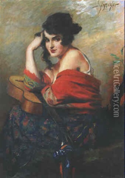 A Spanish Beauty With A Guitar Oil Painting - Leopold Schmutzler