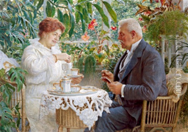 Ein Ehepaar Beim Cafe Im Wintergarten Oil Painting - Vlacho Bukovac