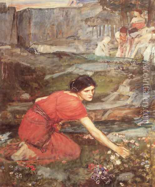 Maidens picking Flowers by a Stream [Study] Oil Painting - John William Waterhouse