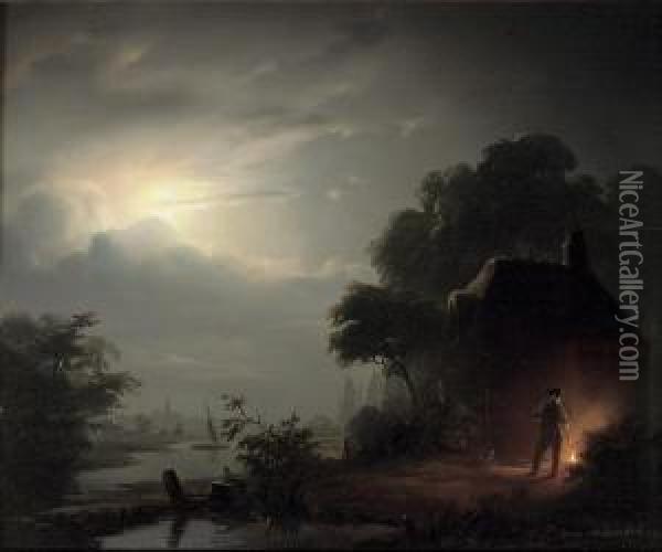 A Moonlit Landscape, With A Figure By A Farmhouse Oil Painting - Petrus van Schendel