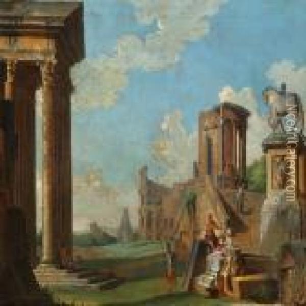 Capriccio With Figures Among Classical Ruins Oil Painting - Giovanni Niccolo Servandoni
