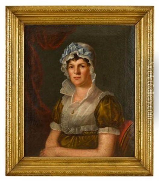 Seated Woman In Lace Cap And Olive-colored Dress Oil Painting - Bass Otis