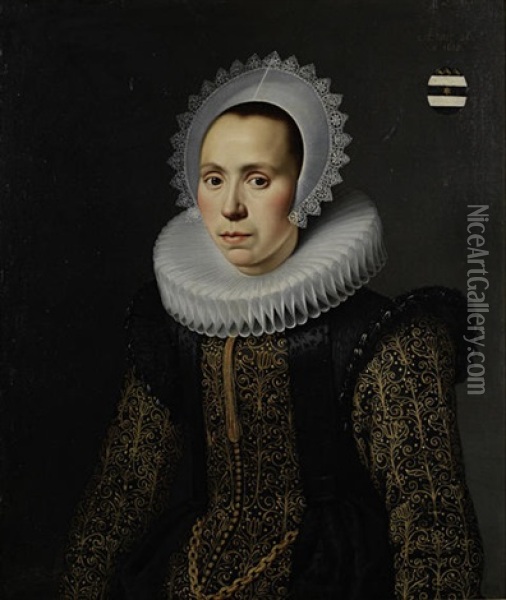 Portrait Of A Young Lady, A Member Of The Van Der Graeff Family (alida?), In A Black Silk Dress Embroidered With Gold And A White Lace Ruff And Headdress Oil Painting - Cornelis van der Voort