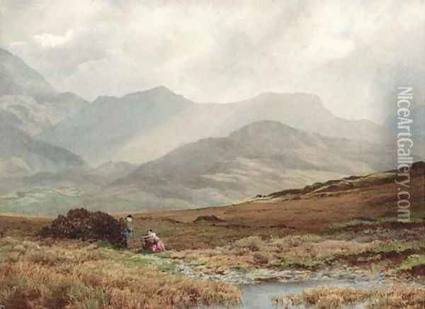 Country folk on a track with Cader Idris beyond Oil Painting - William Turner