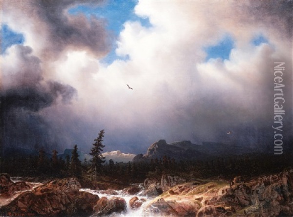 Torrent In A Landscape With A Stormy Sky Oil Painting - Marcus Larsson